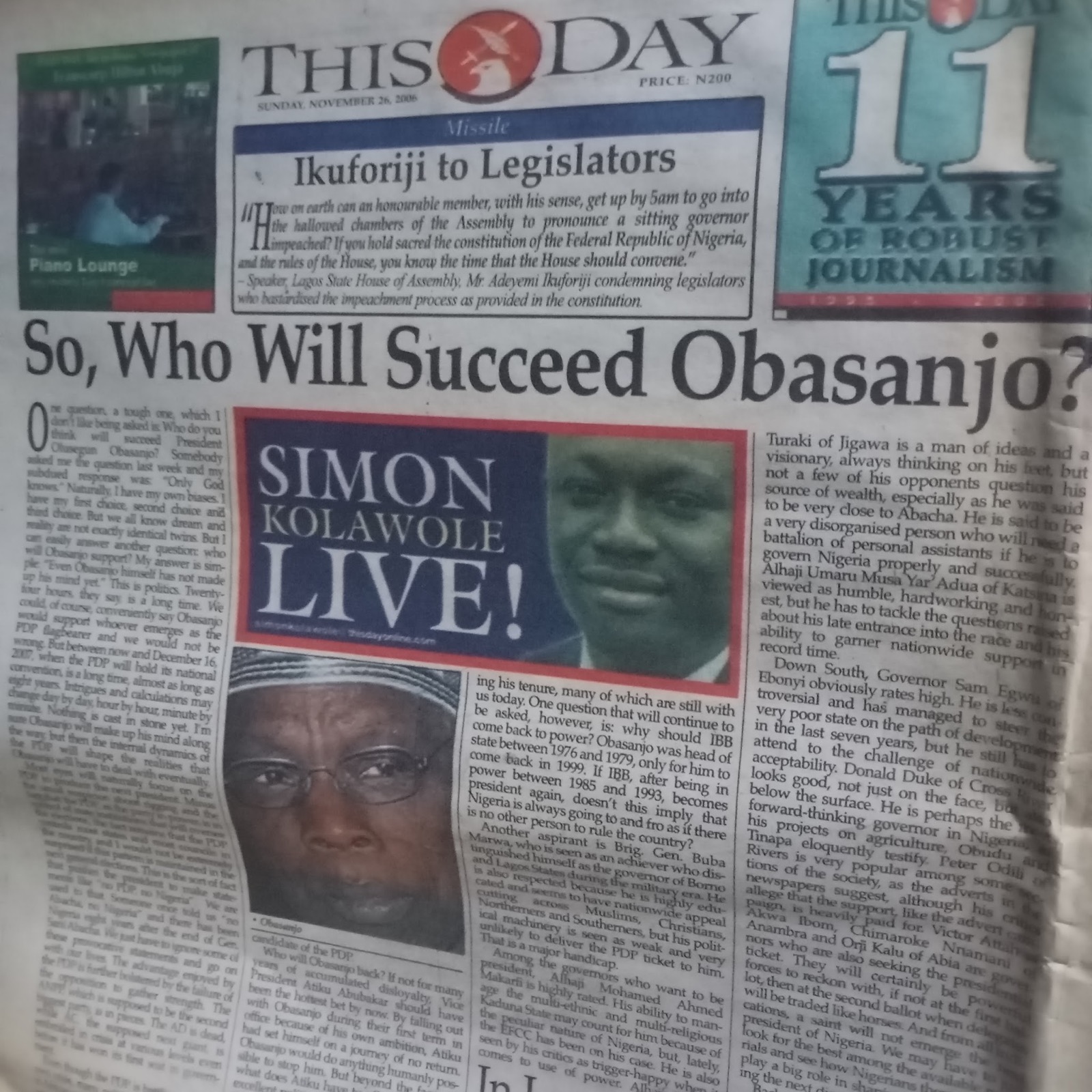 ThisDay newspaper from 26 November 2006 asking who will succeed Obasanjo